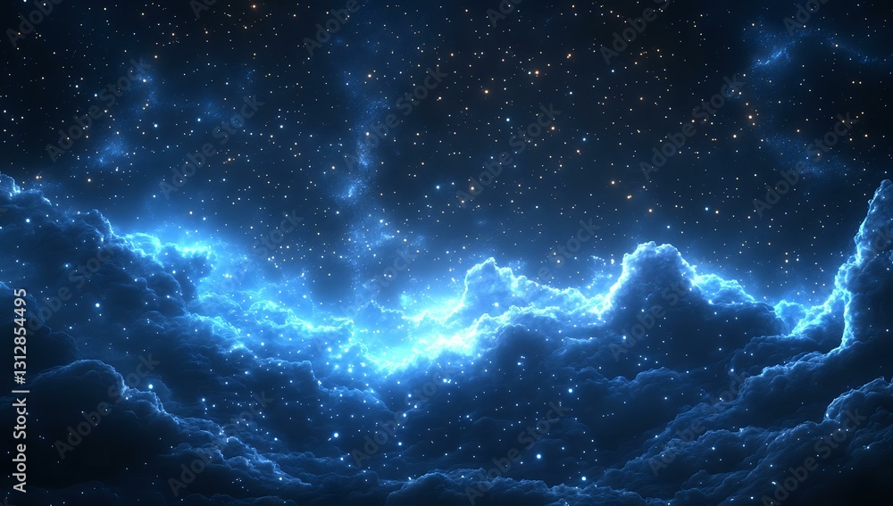 Poster glowing blue nebula with lightning-like energy streams across dark space background, surrounded by s