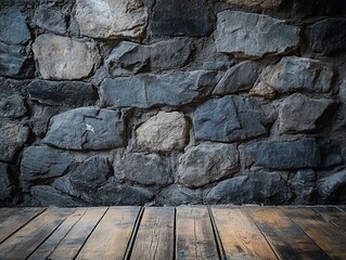 Rustic wooden floor against a dark stone wall background.