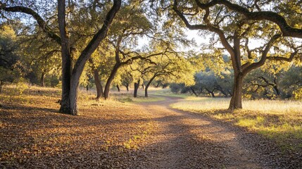 Sunlit path winding through autumnal oak grove.