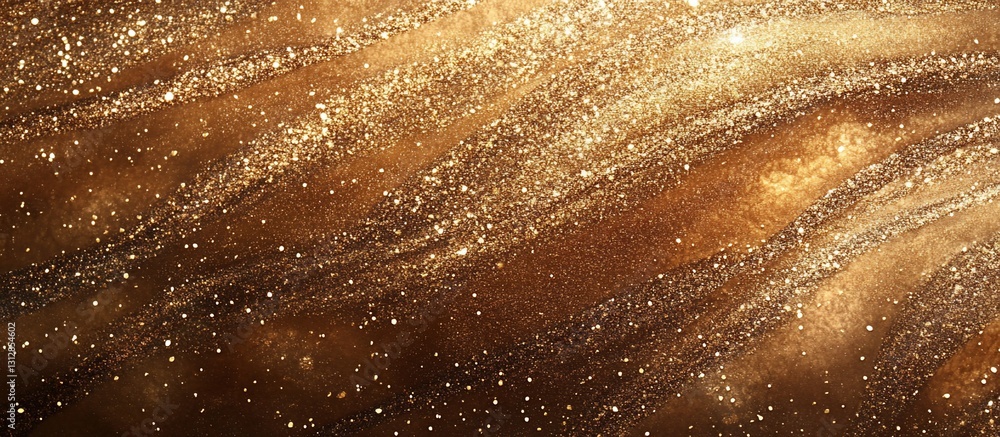 Poster abstract gold glitter texture background with flowing lines and sparkling particles.