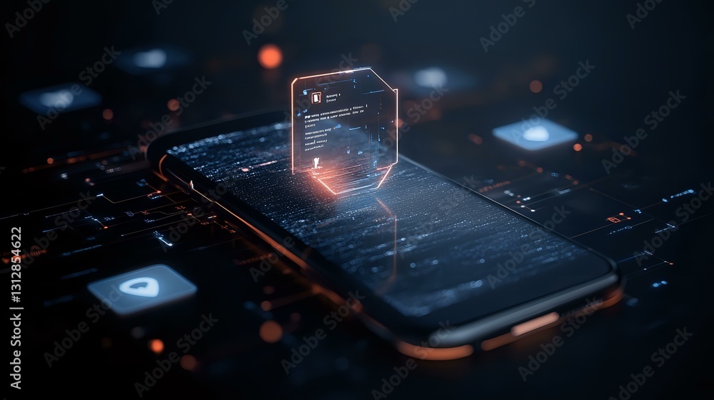 Poster futuristic smartphone displaying holographic notification interface with glowing particles and digit