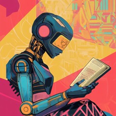 Futuristic cyborg figure sitting down reading an open paper book