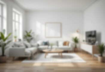 Blurred modern Scandinavian living room with a cozy sofa, mid-century furniture, wooden floor, white walls, and home plants. Soft, minimalist, and warm ambiance.
