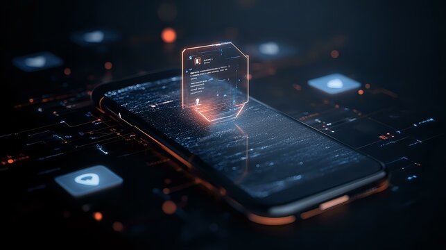 Futuristic smartphone displaying holographic notification interface with glowing particles and digital elements in dark environment. Modern technology concept.