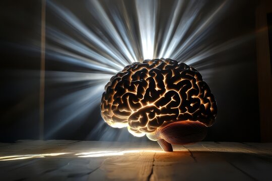 A light beam symbolizes the transfer of knowledge to the brain.