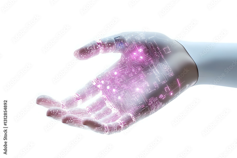 Poster glowing pink digital particles and binary code floating above an open palm against white background,