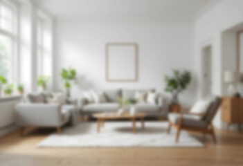 Blurred modern Scandinavian living room with a cozy sofa, mid-century furniture, wooden floor, white walls, and home plants. Soft, minimalist, and warm ambiance.
