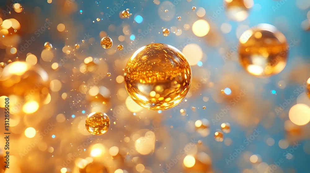 Poster magical golden bubbles floating in turquoise blue space with glowing bokeh effect create dreamy atmo