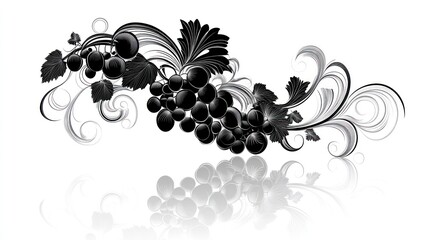Fototapeta premium Ornate black grapes on white background. Decorative illustration. Possible use for design
