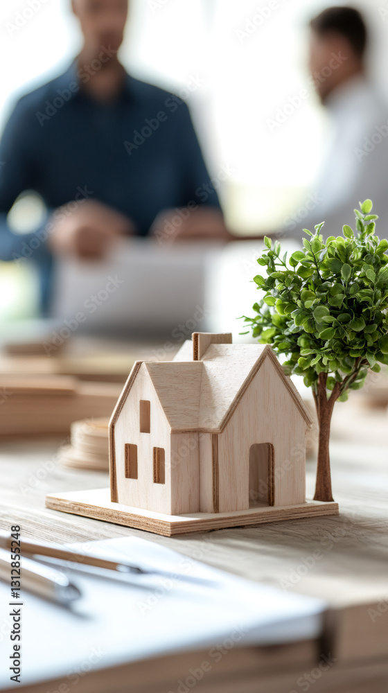Poster Wooden model house with miniature tree representing sustainable architecture and design, with architects working in background