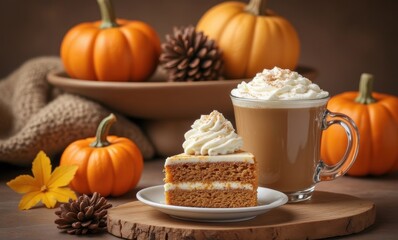 Autumn dessert with spiced cake and latte
