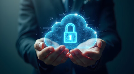 person holding glowing 3d holographic cloud with padlock symbolizes digital security and data protection. This image conveys sense of innovation and technology in digital age
