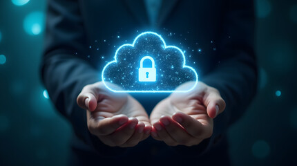person holding glowing 3d holographic cloud with padlock symbolizes digital security and data protection. This image conveys sense of innovation and technology in digital age
