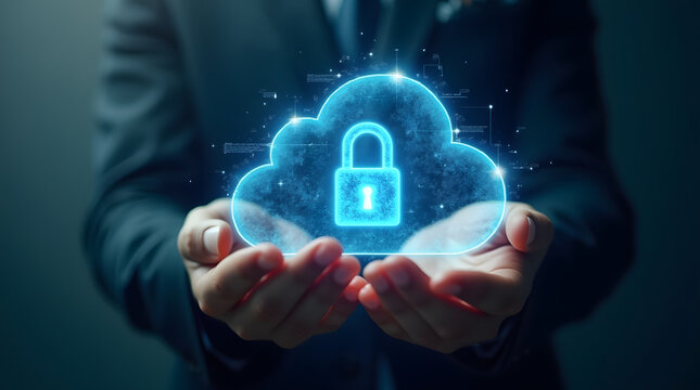 person holding glowing 3d holographic cloud with padlock symbolizes digital security and data protection. This image conveys sense of innovation and technology in digital age - Powered by Adobe