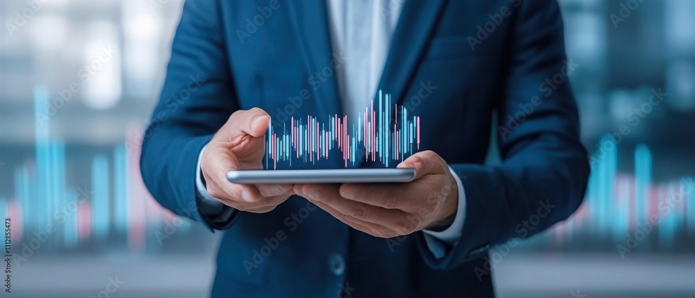 Poster businessman holding smartphone with digital audio waveform visualization for analytics and data inte