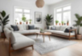 Fototapeta premium Blurred modern Scandinavian living room with a cozy sofa, mid-century furniture, wooden floor, white walls, and home plants. Soft, minimalist, and warm ambiance.