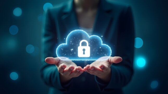 person holding glowing 3d holographic cloud with padlock symbolizes digital security and data protection. This image conveys sense of innovation and technology in digital age - Powered by Adobe