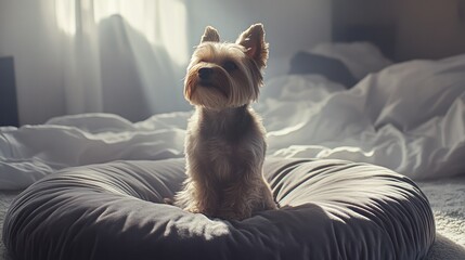 Yorkie Dog Sitting on Cushion in Sunlight Filled Bedroom Scene