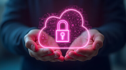 person holding glowing 3d holographic cloud with padlock symbolizes digital security and data protection. This image conveys sense of innovation and technology in digital age
