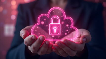 person holding glowing 3d holographic cloud with padlock symbolizes digital security and data protection. This image conveys sense of innovation and technology in digital age