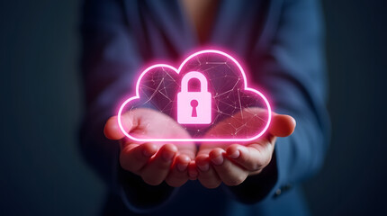person holding glowing 3d holographic cloud with padlock symbolizes digital security and data protection. This image conveys sense of innovation and technology in digital age