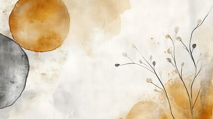 Abstract art with watercolor washes in grey and orange tones, featuring minimalist botanical elements