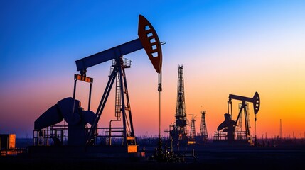 Silhouetted oil pumps at sunset, showcasing energy extraction in an industrial landscape