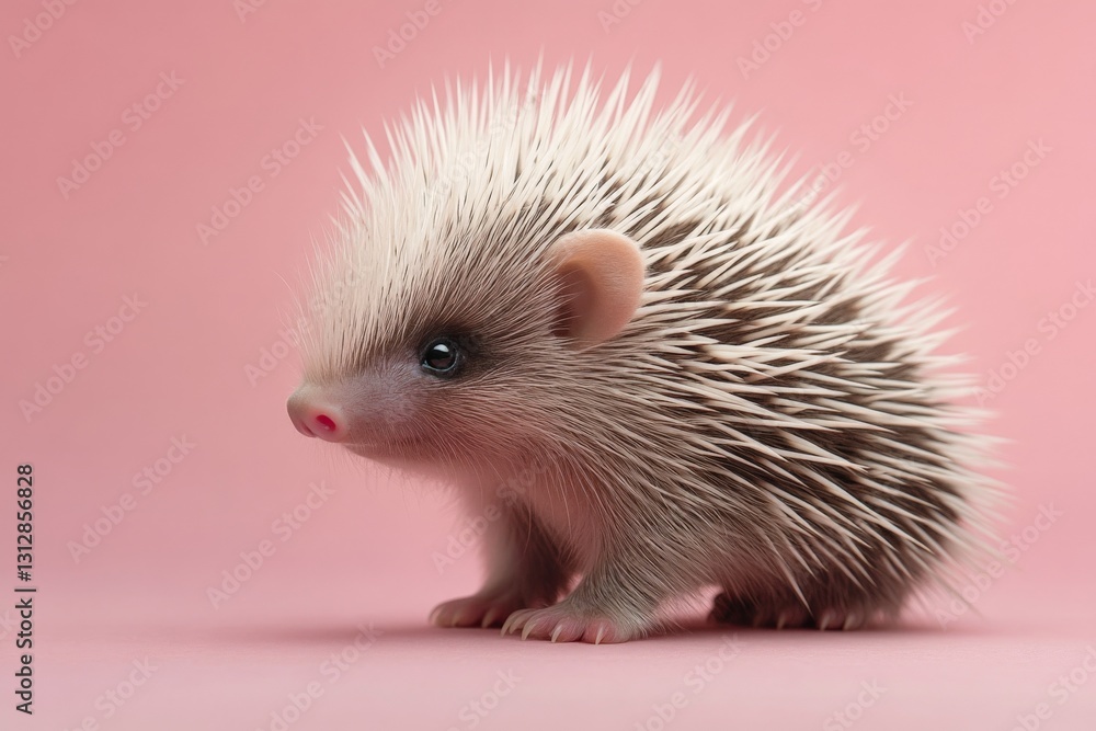 Poster small hedgehog on a pink background showcasing its unique features and playful charm in a studio set