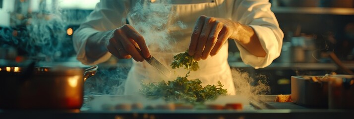 A chef's hands are shown in close-up as they add fresh herbs to a sophisticated meal being expertly prepared in a contemporary kitchen setting
