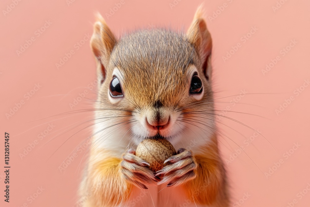 Poster squirrel holds an acorn in its paws while posing in front of a soft pink background