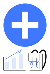 Fototapeta premium Blue plus sign above upward bar chart and backpack. Ideal for education, progress, development, growth, planning, healthcare, innovation. Flat simple metaphor