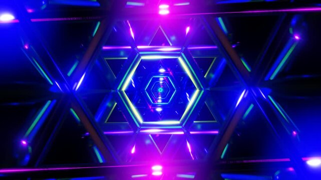 Changing abstract forms with strobe lights in seamless geometric background