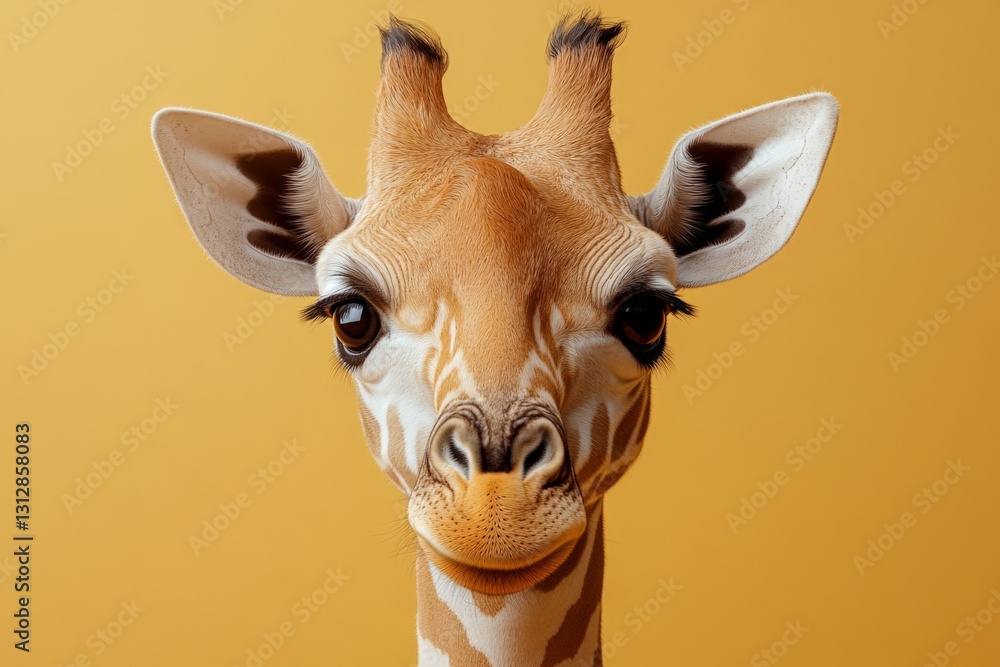 Poster giraffe face with distinct patterns against a vibrant yellow background showcasing its unique featur