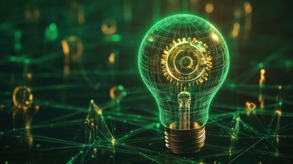 Green Technology Lightbulb with Gears Illustrating Innovation and Network Connectivity