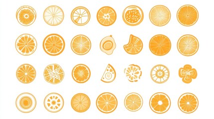 Orange slices various shapes and sizes, digital illustration, bright background, graphic design element