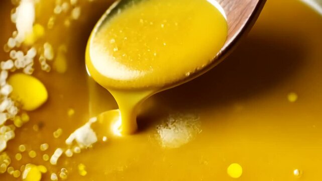 Captivating Close-Up of Golden Ghee Being Stirred with a Rustic Wooden Spoon, Cooking