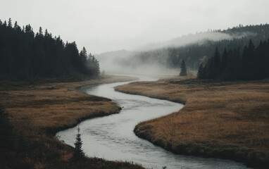 Misty Autumn River Landscape: Serpentine Waterway Through Brown Grass and Dark Green Trees
