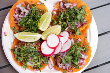 Plate of crispy tacos loaded with grilled meat, onions, cilantro, and fresh toppings for a Mexican-inspired meal