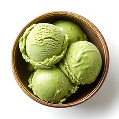 Green Tea Ice Cream Delight: A close-up shot of four generous scoops of refreshing green tea ice cream nestled in a rustic wooden bowl, inviting you to indulge in its cool.