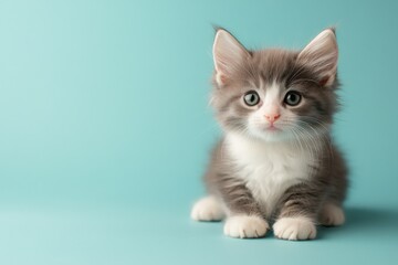 Obraz premium Charming gray and white kitten lying on a soft turquoise background, looking curiously at the camera
