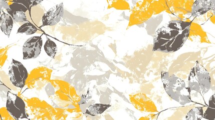 Abstract art featuring yellow and gray leaves on a white background.  The design is textured and painterly