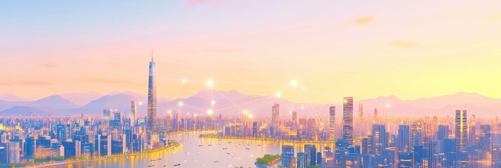 Naklejka premium Skyscrapers with Sunset and Connections Visualized