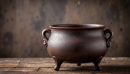 Rustic cast iron cauldron on wooden table, vintage kitchen decor