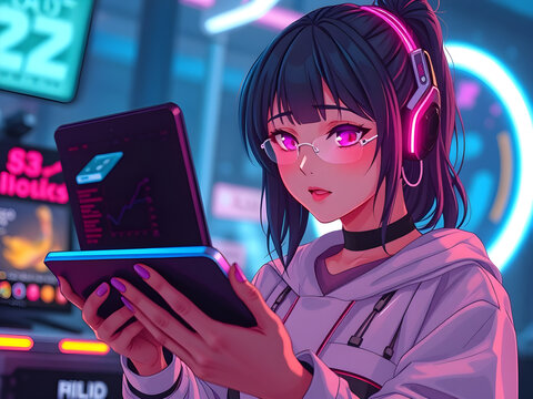 An anime-style digital artist working on a futuristic tablet, neon lights reflecting on their face