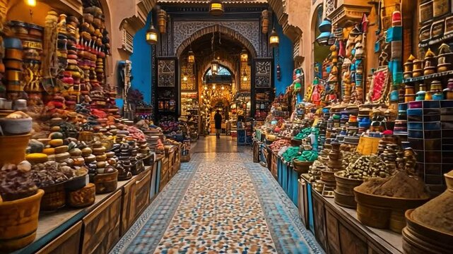 Aromatic Bazaar: Vibrant spices and exotic goods fill a narrow, mosaic-tiled alleyway in an ancient Middle Eastern bazaar. Sunlight streams through a grand archway.