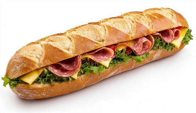 A footlong ham and swiss submarine sandwich is shown isolated on a white background