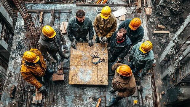 Construction Crew Collaboration: An overhead view captures a construction team huddled around a wooden surface, likely reviewing blueprints or planning their next steps.
