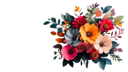 Colorful paper flowers bouquet on transparent background