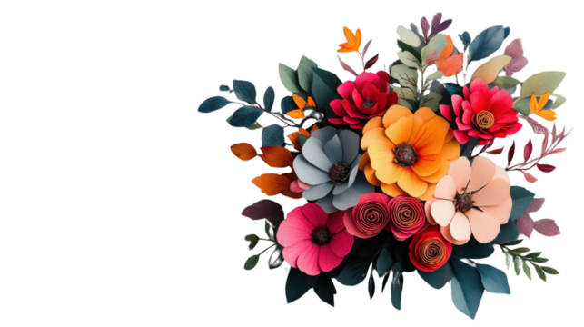 Colorful paper flowers bouquet on transparent background