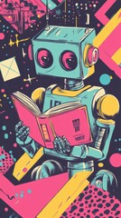 A robotic figure intently reading an open book in vibrant colors